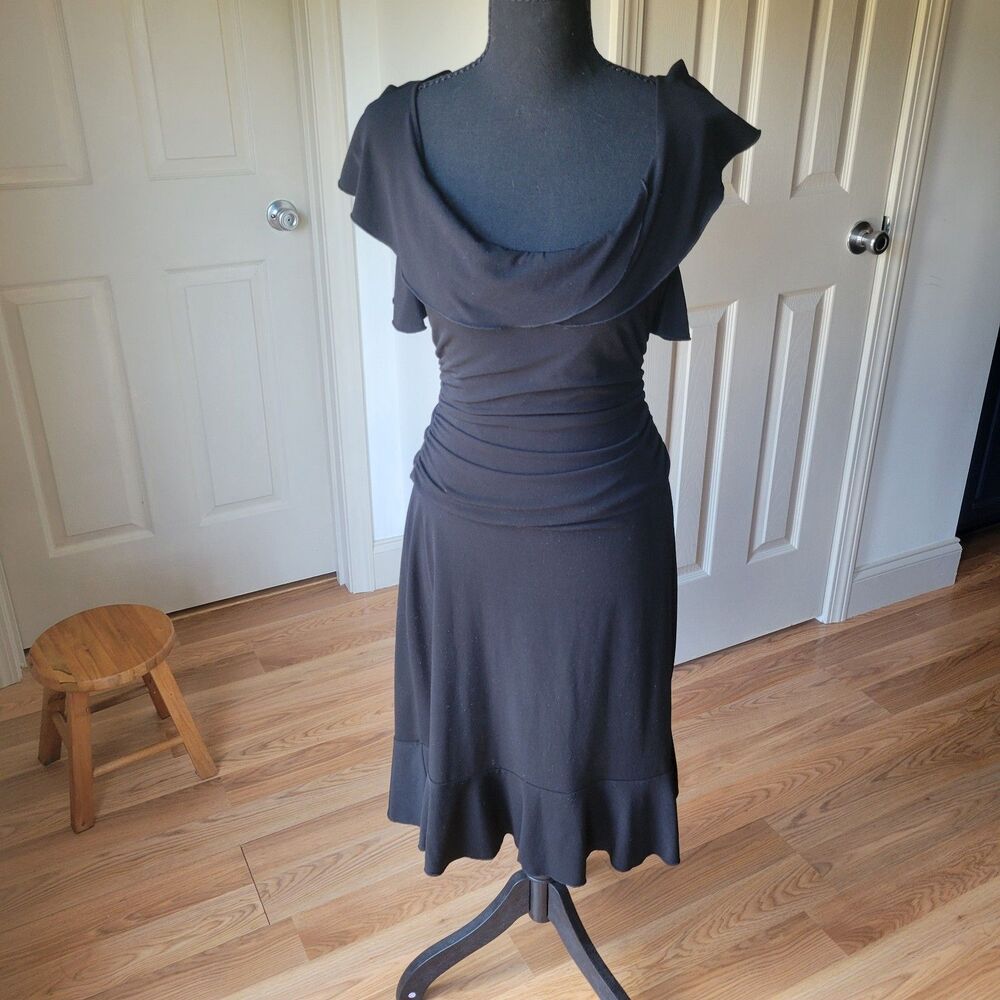 I.N. Black Draped Cowl Neck Ruched Midi Dress Ruffle Hem Size M